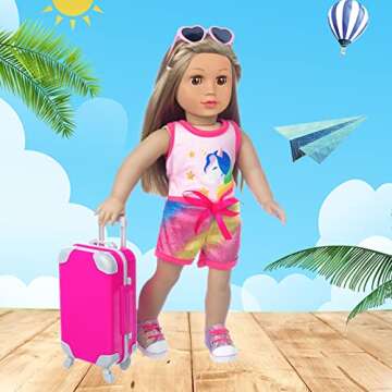 XFEYUE 23 Pcs American 18 inch Doll Clothes and Accessories - Suitcase Luggage, Pillow, Sunglasses, Camera, Passport, Mobile Phone, Computer Doll Travel Gear Play Set
