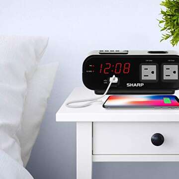 Sharp Digital Alarm Clock with 2X Power Outlets with Surge Protect and Rapid Charge USB Port - Grey Outlets