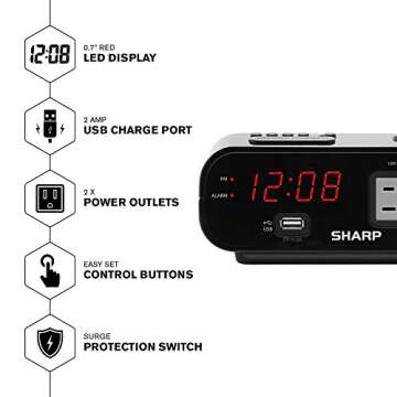 Sharp Digital Alarm Clock with 2X Power Outlets with Surge Protect and Rapid Charge USB Port - Grey Outlets