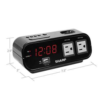 Sharp Digital Alarm Clock with 2X Power Outlets with Surge Protect and Rapid Charge USB Port - Grey Outlets