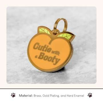 Two Tails Pet Company Personalized 'Cutie with a Booty' Pet ID Tag - Custom Engraved Dog Tags for Pets - Fun Brass, Gold Plating