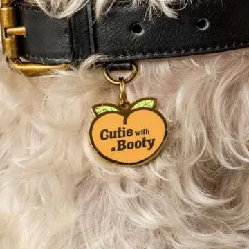 Two Tails Pet Company Personalized 'Cutie with a Booty' Pet ID Tag - Custom Engraved Dog Tags for Pets - Fun Brass, Gold Plating