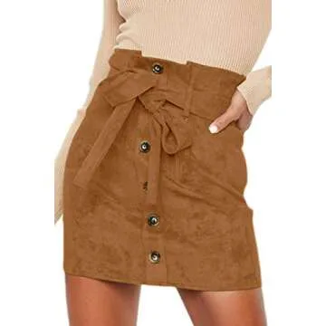 Haloon Womens Faux Suede Button Front Paperbag Waist Tie Belt Mini Skirts Khaki S