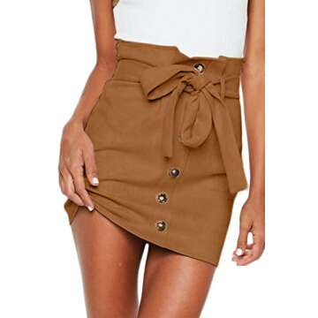 Haloon Womens Faux Suede Button Front Paperbag Waist Tie Belt Mini Skirts Khaki S