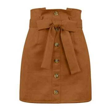 Haloon Womens Faux Suede Button Front Paperbag Waist Tie Belt Mini Skirts Khaki S