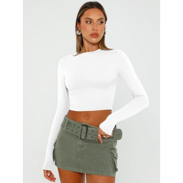 Trendy Queen Womens Long Sleeve Crop Tops Basic Slim Fitted Shirts Casual Fashion 2025 Going Out Y2k Tops Teen Girl Clothes White M