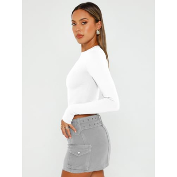 Trendy Queen Womens Long Sleeve Crop Tops Basic Slim Fitted Shirts Casual Fashion 2025 Going Out Y2k Tops Teen Girl Clothes White M