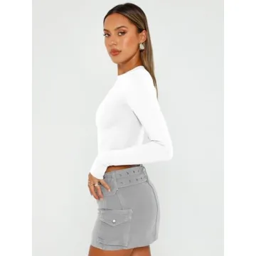 Trendy Queen Womens Long Sleeve Crop Tops Basic Slim Fitted Shirts Casual Fashion 2025 Going Out Y2k Tops Teen Girl Clothes White M