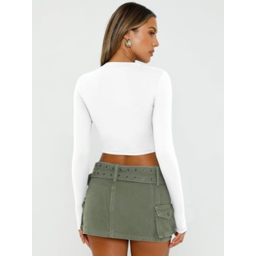 Trendy Queen Womens Long Sleeve Crop Tops Basic Slim Fitted Shirts Casual Fashion 2025 Going Out Y2k Tops Teen Girl Clothes White M