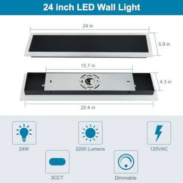 Xbuyee 24inch Modern Outdoor Wall Light Porch Light LED Long Wall Lighting Fixture IP65 Waterproof Wall Lamps, Dimmable 24W 2200LM Black Wall Sconce, 3000K/4000K/5000K Selectable, ETL