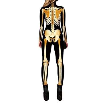 Fixmatti Women Halloween Party Costume Skull Print Long Sleeve Jumpsuit Outfit S