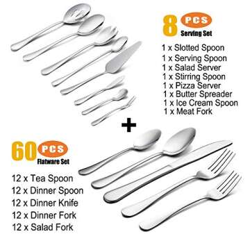 LIANYU 68-Piece Flatware Silverware Set Service for 12, Stainless Steel Cutlery Set with Serving Ute...