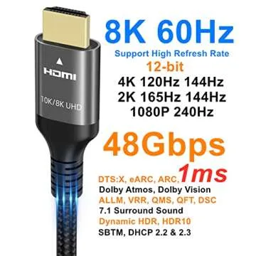 Ubluker 10K 8K 4K HDMI Cable 48Gbps 6.6 FT, Certified Ultra High Speed HDMI® Cable 4K 240Hz 144Hz 120Hz 8K60Hz 0.01ms HDR10+ eARC HDCP2.3 Netflix Roku TV PC Monitor Projector PS5 Xbox
