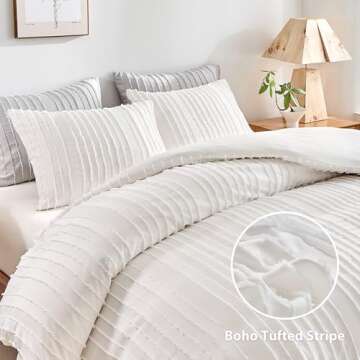 WARMDERN White Boho Duvet Cover Set King Size, Striped Textured Duvet Cover Tufted Bedding Set, 3 Pc...