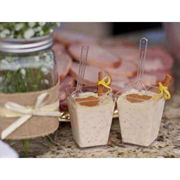 Tosnail 100 Pack 5 Oz Tall Square Clear Plastic Dessert Tumbler Cups with 100 Plastic Spoons - Great for Event and Party