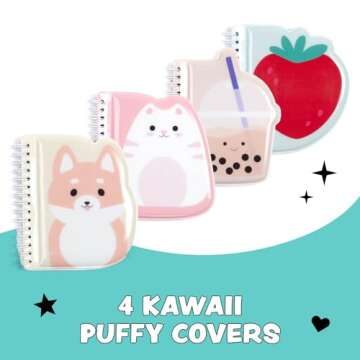 Yoobi Kawaii Mini Notebooks & Squishy Topper Pens for Kids & Adults – Mini Spiral Notebook Set with Puffy Covers, 80 Pages Each – Party Favors, Stocking Stuffer & Gifts for Kids - Set of 4