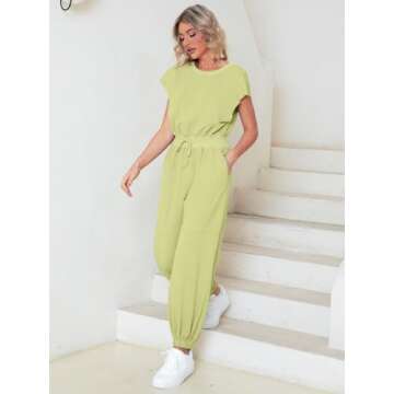 Glamaker Women's Casual Sleeveless One Piece Jumpsuits Loose Open Back Workout Onesie Summer Outfits With Pockets(Light Green M)