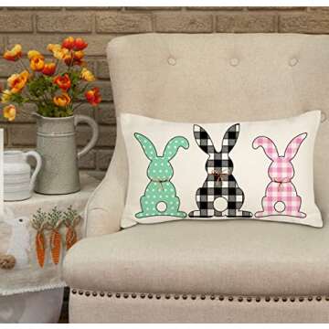 4TH Emotion Buffalo Easter Bunny Lumbar Pillow Cover 12x20 Inches Spring Farmhouse Decorations Funny Rabbit Holiday Decor Throw Cushion Case for Home Couch Polyester Linen TH092