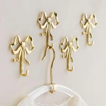 ZORZA 2Pcs Multi-Purpose Bow-Knot Brass Screw Hooks Retro Wall Hook Bow Shaped Practical Bow Hook Gold Wall Hooks for Bathroom Bedroom Perfect for Hanging Hats Towels Coats