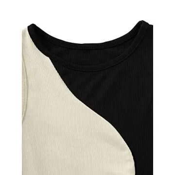 SweatyRocks Women's Summer Ribbed Knit Sleeveless Vest Color Block Crop Tank Top Black and Khaki XL