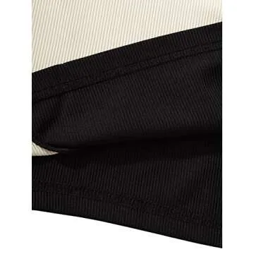 SweatyRocks Women's Summer Ribbed Knit Sleeveless Vest Color Block Crop Tank Top Black and Khaki XL