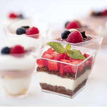 Poever 3.8 oz Plastic Dessert Cups with Spoons 50 Pack, Clear Square Mini Dessert Cups Appetizer Cups Parfait Cups Tumbler Cups for Mousse Puddings, Party Supplies