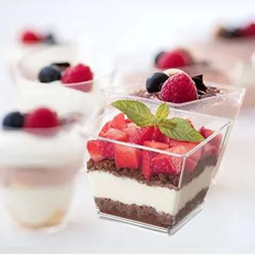 Poever 3.8 oz Plastic Dessert Cups with Spoons 50 Pack, Clear Square Mini Dessert Cups Appetizer Cups Parfait Cups Tumbler Cups for Mousse Puddings, Party Supplies