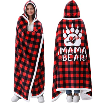 Best Mom Gifts for Christmas Mom Gifts from Daughter Son kids, Mama Bear Buffalo Plaid Wearable Blan...