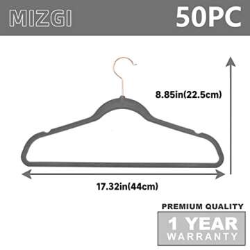 MIZGI Premium Velvet Hangers (50 Pack) Heavy Duty Non Slip Felt Hangers Gray,Rose Gold 360 Degree Swivel Hooks,Space Saving Clothes Hangers,Durable Strong Hangers for Suits,Coats,Pants & Dress