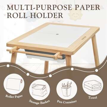 Easyego Multifunctional Sensory Table with Paper Roll, Wooden Sand and Water Activity Table with Double-Sided Board & Foldable Storage Bins for Kids' Indoor and Outdoor Play