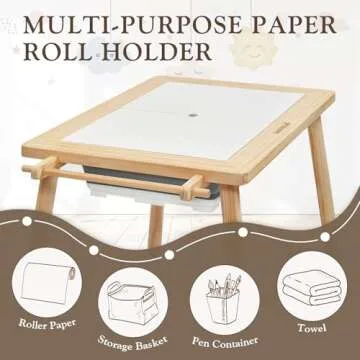 Easyego Multifunctional Sensory Table with Paper Roll, Wooden Sand and Water Activity Table with Double-Sided Board & Foldable Storage Bins for Kids' Indoor and Outdoor Play