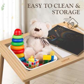 Easyego Multifunctional Sensory Table with Paper Roll, Wooden Sand and Water Activity Table with Double-Sided Board & Foldable Storage Bins for Kids' Indoor and Outdoor Play