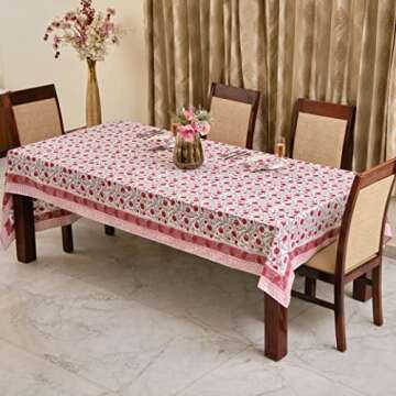 Ridhi -Sangria Red Cotton Tablecloth, Handblock Print Floral Table Cloth for Kitchen Dining Linen I Thanksgiving, Christmas, Wedding, Fall Décor 8 Seater 70X108 Inch Rectangle