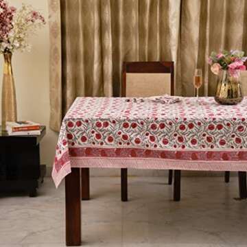 Ridhi -Sangria Red Cotton Tablecloth, Handblock Print Floral Table Cloth for Kitchen Dining Linen I Thanksgiving, Christmas, Wedding, Fall Décor 8 Seater 70X108 Inch Rectangle