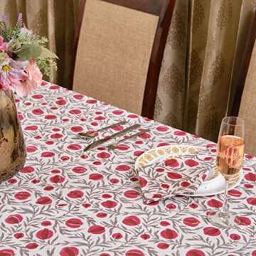 Ridhi -Sangria Red Cotton Tablecloth, Handblock Print Floral Table Cloth for Kitchen Dining Linen I Thanksgiving, Christmas, Wedding, Fall Décor 8 Seater 70X108 Inch Rectangle