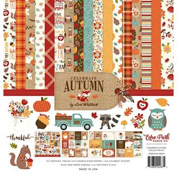 Echo Park Paper Company Celebrate Autumn Collection Kit paper, Orange, Yellow, Blue, Brown, Tan 12-x-12-Inch