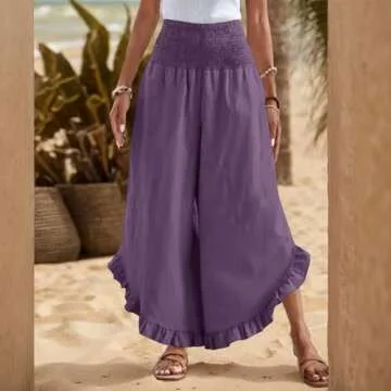 midelxp Cotton Linen Pants for Women Flowy Ruffle Hem Shirred Elastic Waist Palazzo Pants Summer Casual Loose Paper Bag Pants with Pockets Summer Pants for Women 2024 Comfy Soft Lounge Yoga Pants