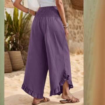 midelxp Cotton Linen Pants for Women Flowy Ruffle Hem Shirred Elastic Waist Palazzo Pants Summer Casual Loose Paper Bag Pants with Pockets Summer Pants for Women 2024 Comfy Soft Lounge Yoga Pants
