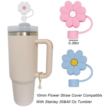 Altally 3PCS Straw Cover for Stanley Cup 30&40 Oz 10mm Flower Silicone Straw Topper Protector Lid with 2PCS Initial Personalized Letter Charm Stanley Tumblers Accessories (3pcs flowers+2pcs letter A)