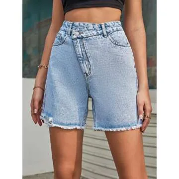 SweatyRocks Women's Asymmetrical High Waist Ripped Raw Hem Jean Shorts Distressed Denim Shorts Summer Hot Pants Light Wash S