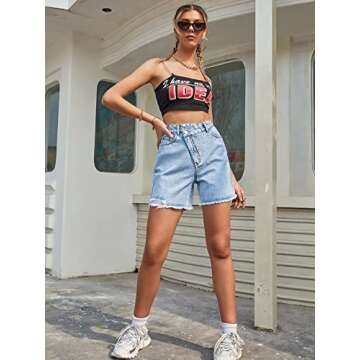 SweatyRocks Women's Asymmetrical High Waist Ripped Raw Hem Jean Shorts Distressed Denim Shorts Summer Hot Pants Light Wash S