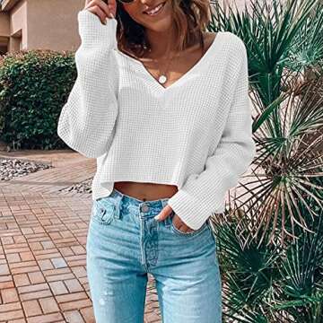 Womens V Neck Long Sleeve Tops Crop Waffle Knit Crepped Casual Loose Pullover Crop Sweater M White