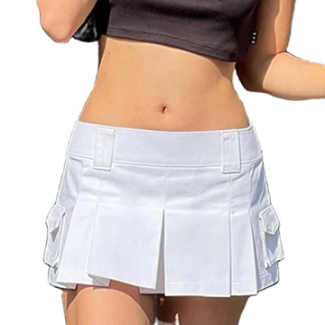 YYDSTYLE Women Low Waist Pleated Skirt Y2k Cargo Short Skirt Casual Denim Mini Skirt A-line Patchwor...