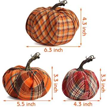 DomeStar Artificial Pumpkins, 3PCS Fabric Pumpkins Burlap Pumpkins Assorted Fake Pumpkins Plaid Pumpkins Farmhouse Pumpkins Fall Pumpkin for Halloween Thanksgiving Decorations