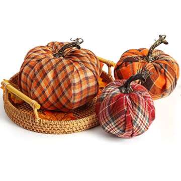 DomeStar Artificial Pumpkins, 3PCS Fabric Pumpkins Burlap Pumpkins Assorted Fake Pumpkins Plaid Pumpkins Farmhouse Pumpkins Fall Pumpkin for Halloween Thanksgiving Decorations
