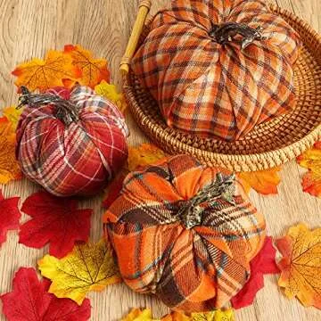 DomeStar 3PCS Plaid Fabric Pumpkins for Fall Decor