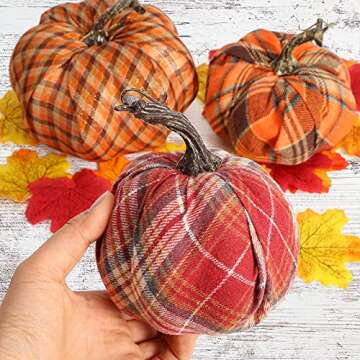 DomeStar Artificial Pumpkins, 3PCS Fabric Pumpkins Burlap Pumpkins Assorted Fake Pumpkins Plaid Pumpkins Farmhouse Pumpkins Fall Pumpkin for Halloween Thanksgiving Decorations