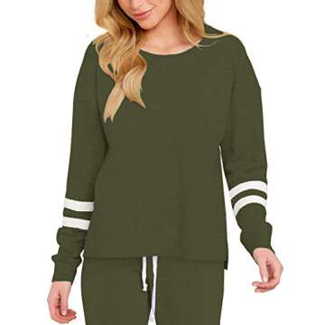 AMABMB Women's Tie Dye Two Piece Pajamas Set Long Sleeve Sweatshirt with Long Pants Sleepwear with Pockets (S, Striped Army Green) 31L6-junlv-S