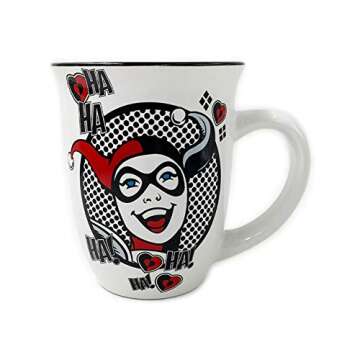 Silver Buffalo Harley Quinn Circle Badge Icons Wide Rim Ceramic Mug, 16 Ounces