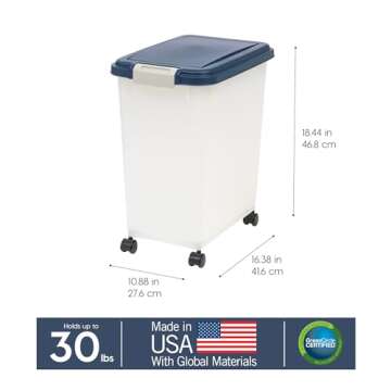 IRIS USA Airtight Dog Food Storage Container, Up to 30 lbs, Attachable Wheels, for Dog Cat Bird and other Pet Food Storage Bin, Keep Fresh, Easy Mobility, BPA Free, Navy/Pearl